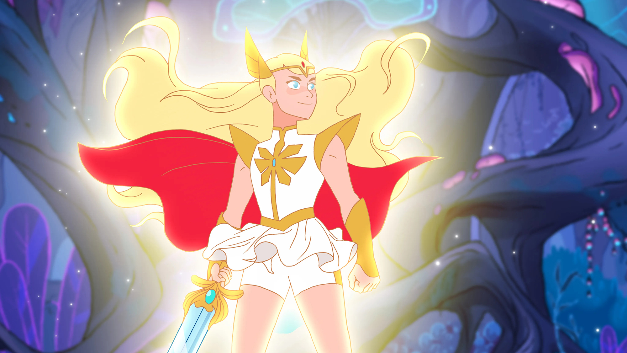 Adora holds the sword of protection and glows in the Netflix TV show She-Ra and the Princesses of Power