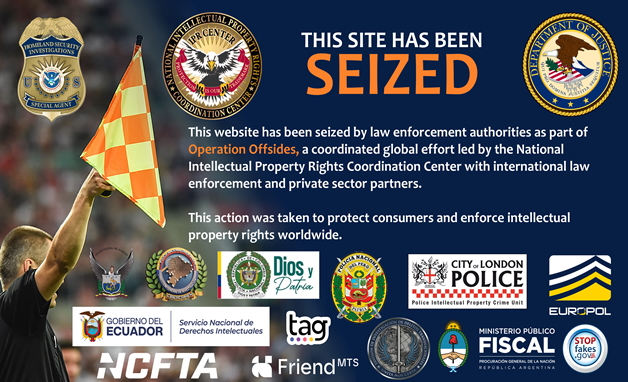 A screenshot of the banner uploaded to domains seized by the US DOJ that were illegal to stream 2026 FIFA World Cup games.