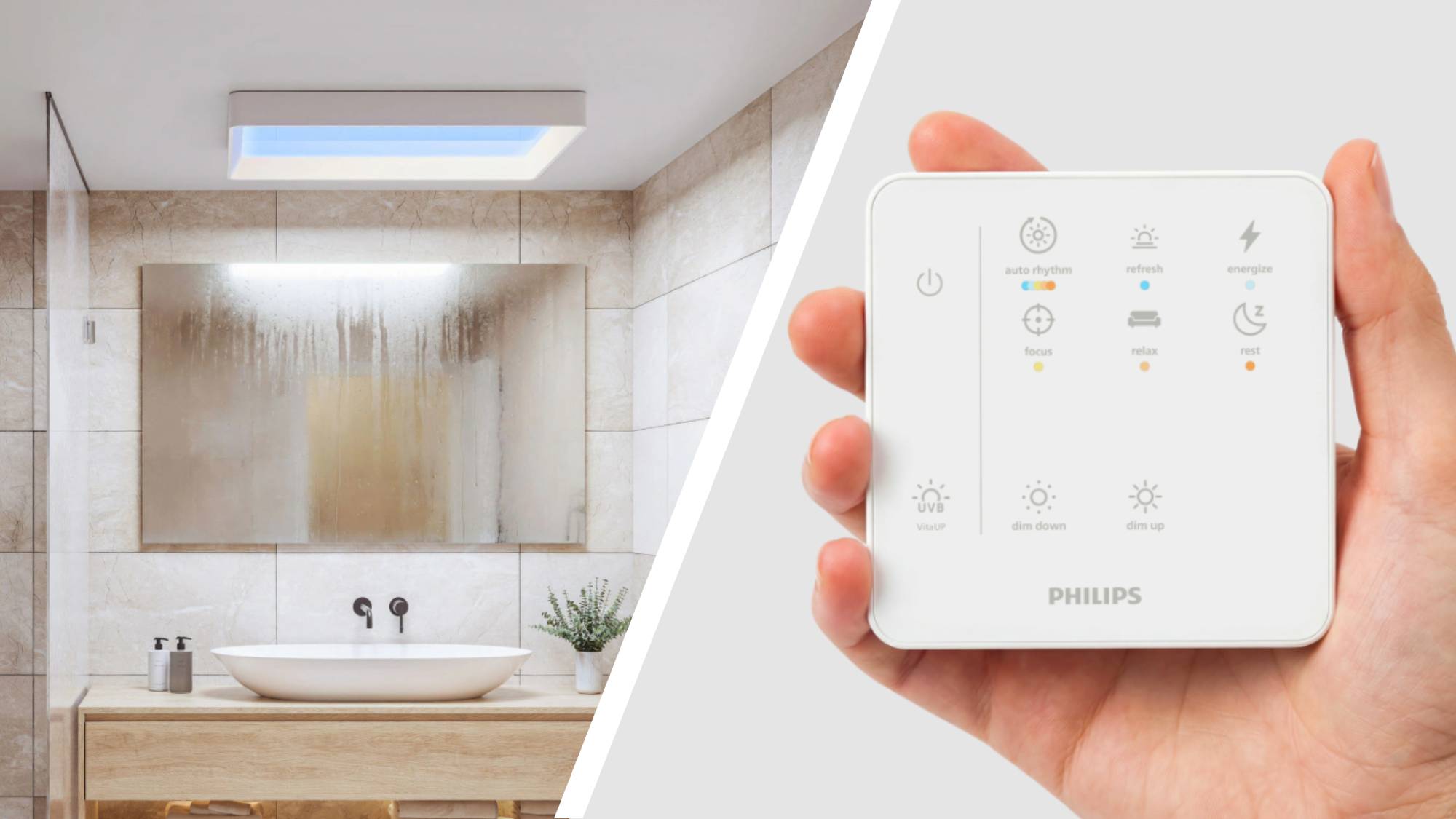Philips Ceiling light mounted on a bathroom ceiling next to a close-up of the included remote control