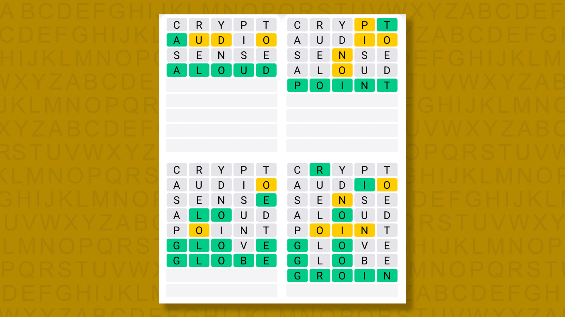 Quordle answers for game 1607 on yellow background