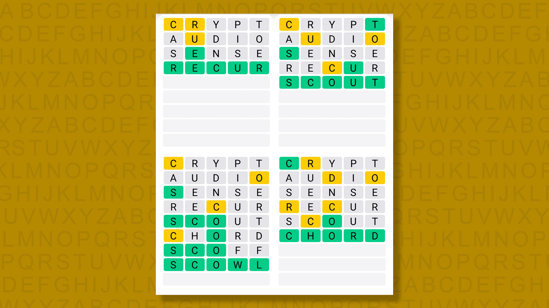 Quordle answers for game 1593 on yellow background