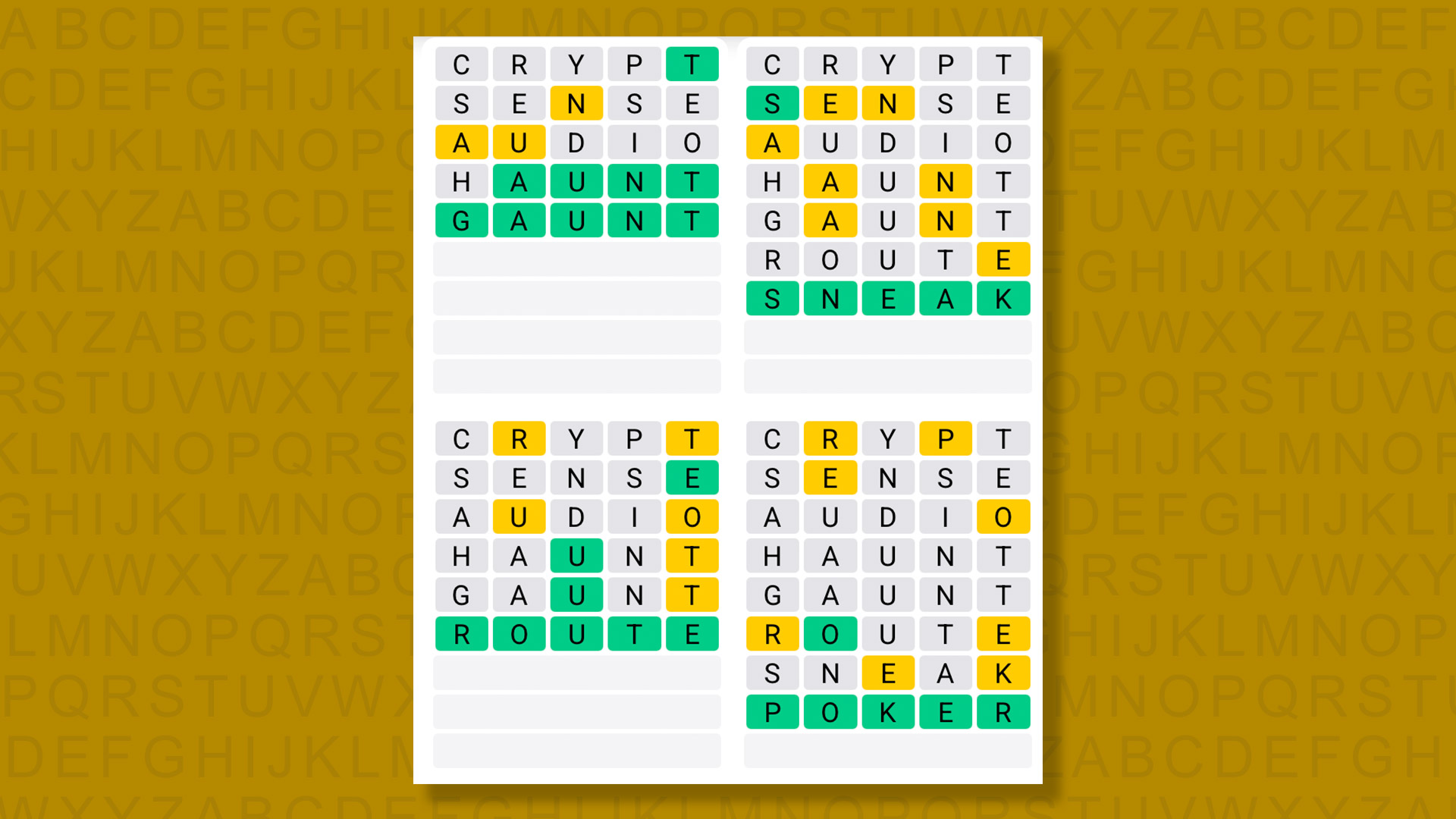 Quordle answers for game 1603 on yellow background