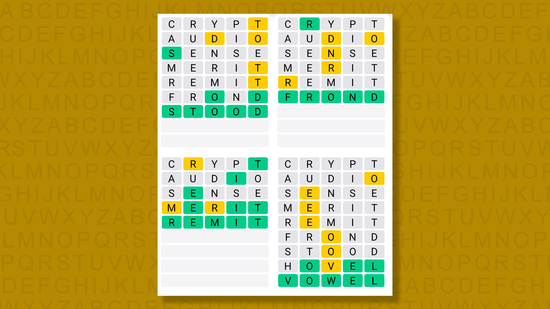 Quordle answers for game 1589 on yellow background