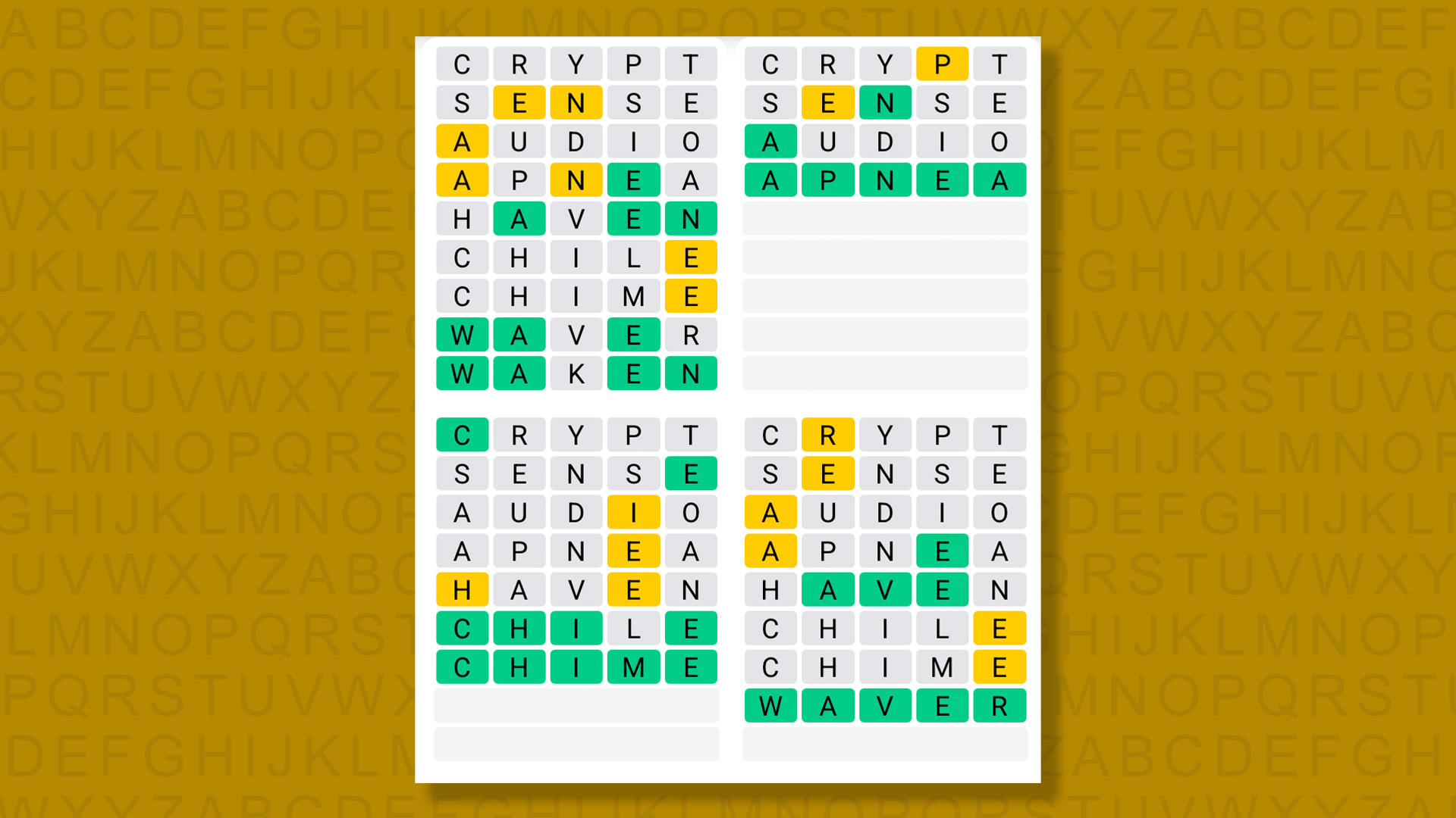 Quordle answers for game 1610 on yellow background