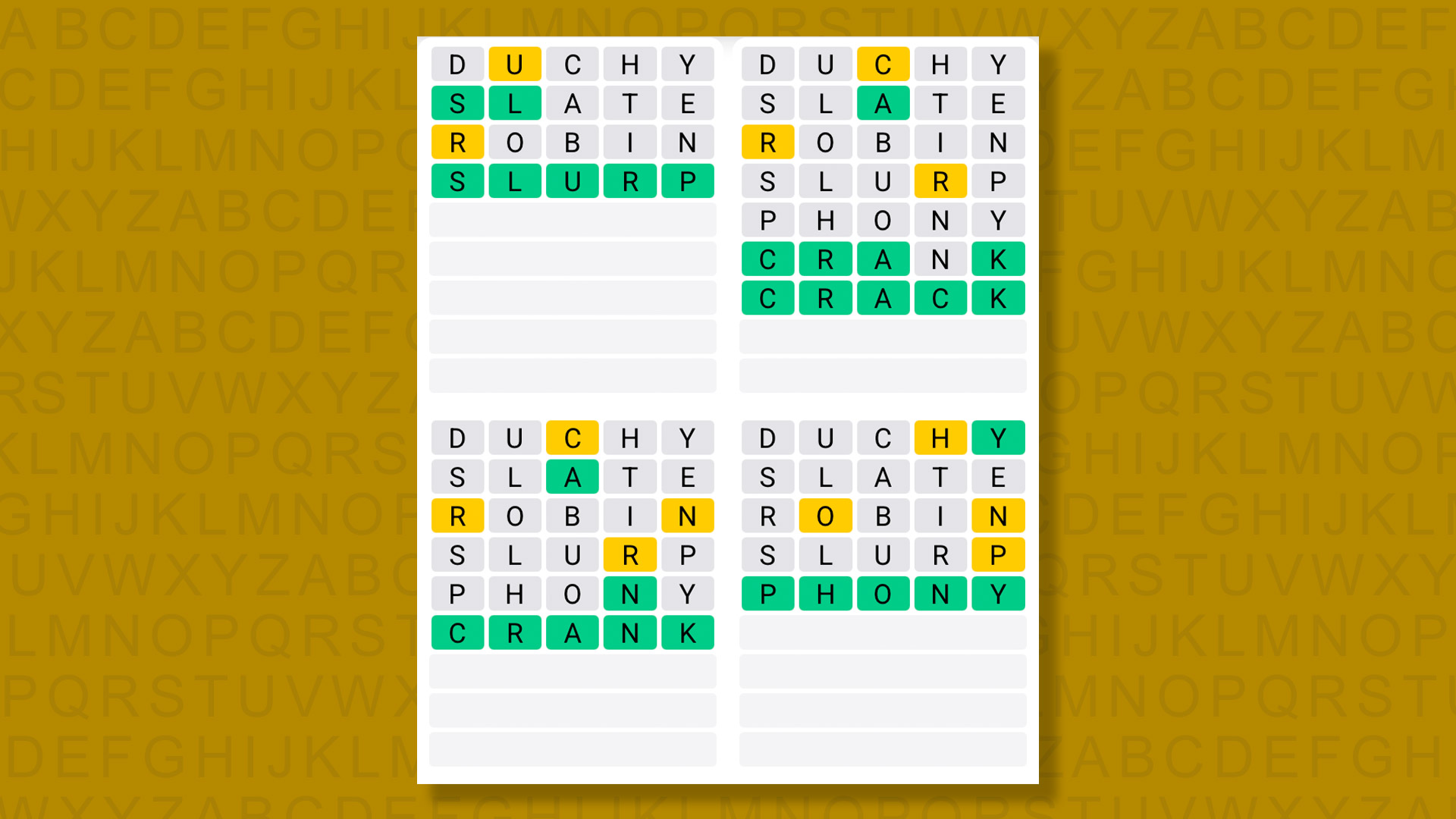 Quordle answers for game 1617 on yellow background