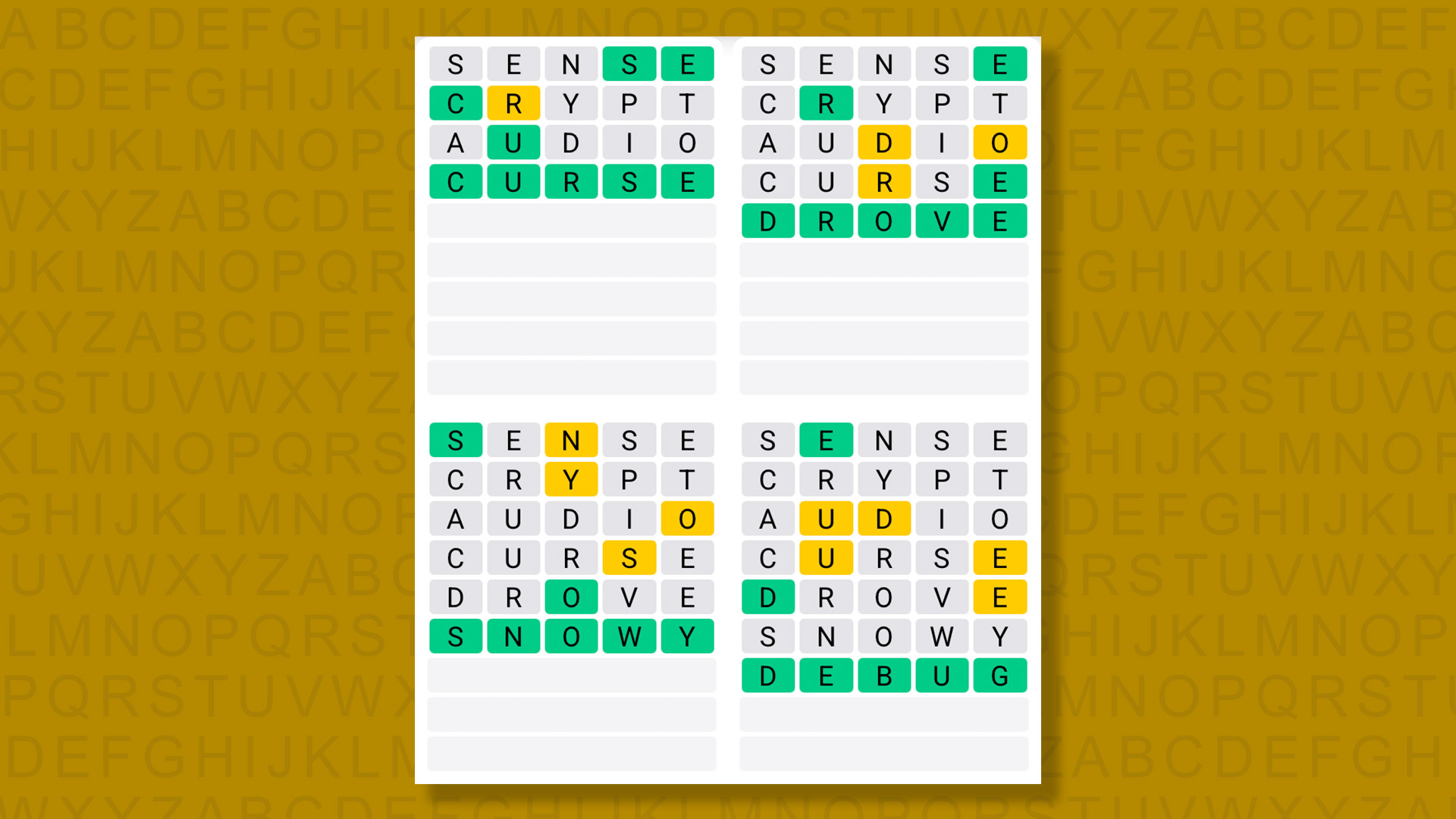 Quordle answers for game 1596 on yellow background