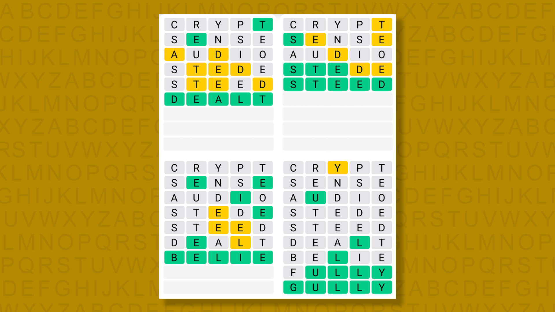 Quordle answers for game 1601 on yellow background
