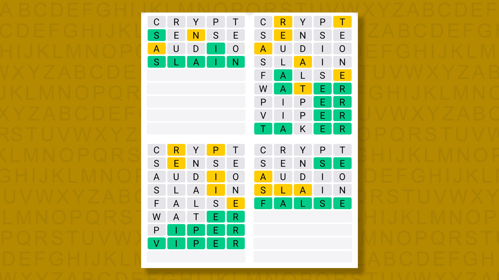 Quordle answers for game 1608 on yellow background