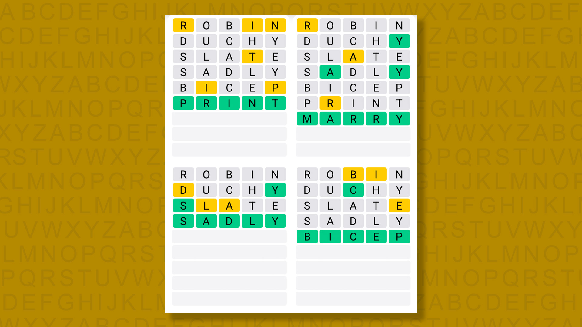 Quordle answers for game 1615 on yellow background