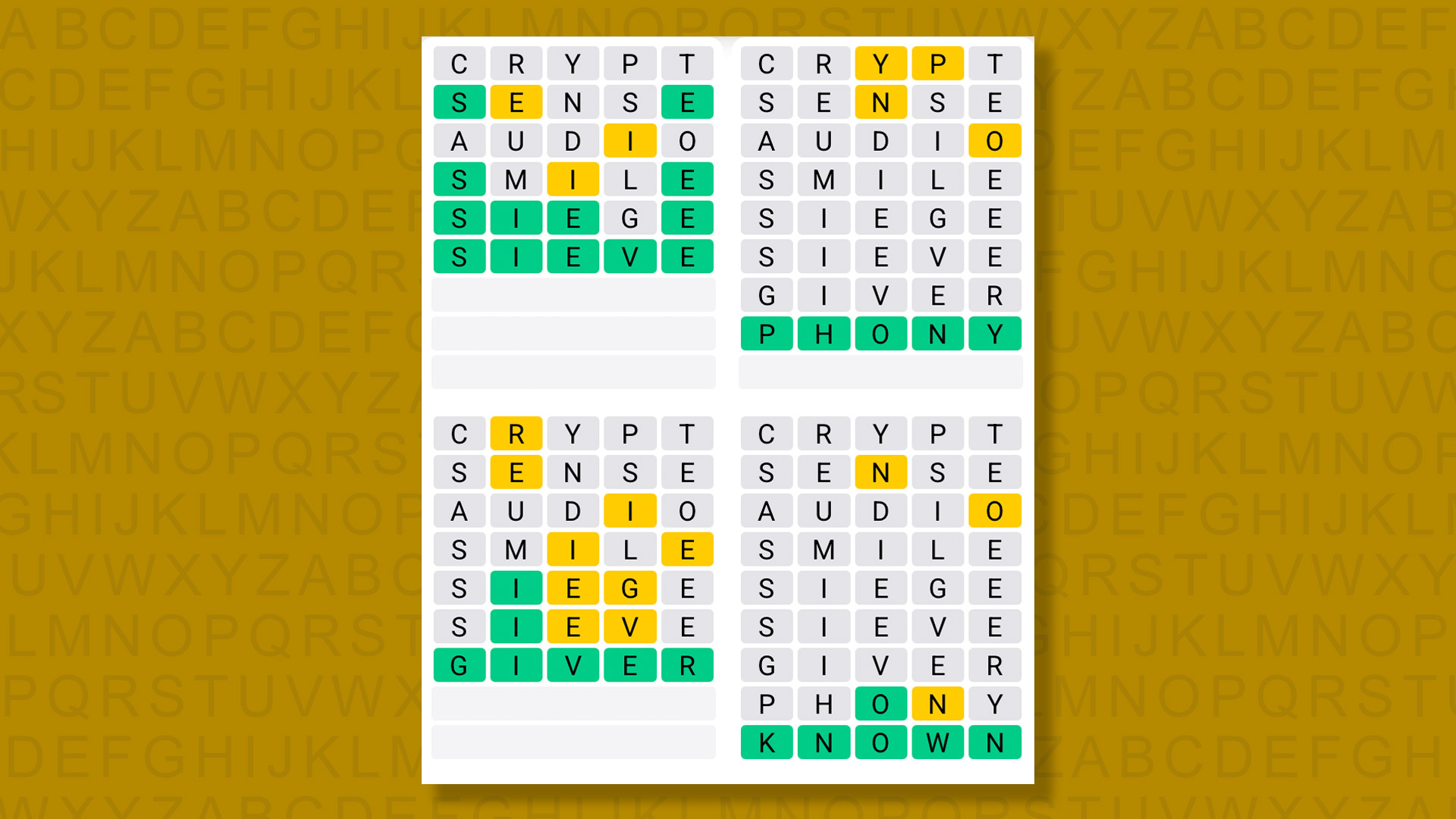 Quordle answers for game 1594 on yellow background