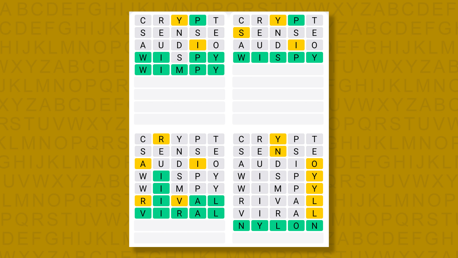 Quordle answer to game #1602 on yellow background