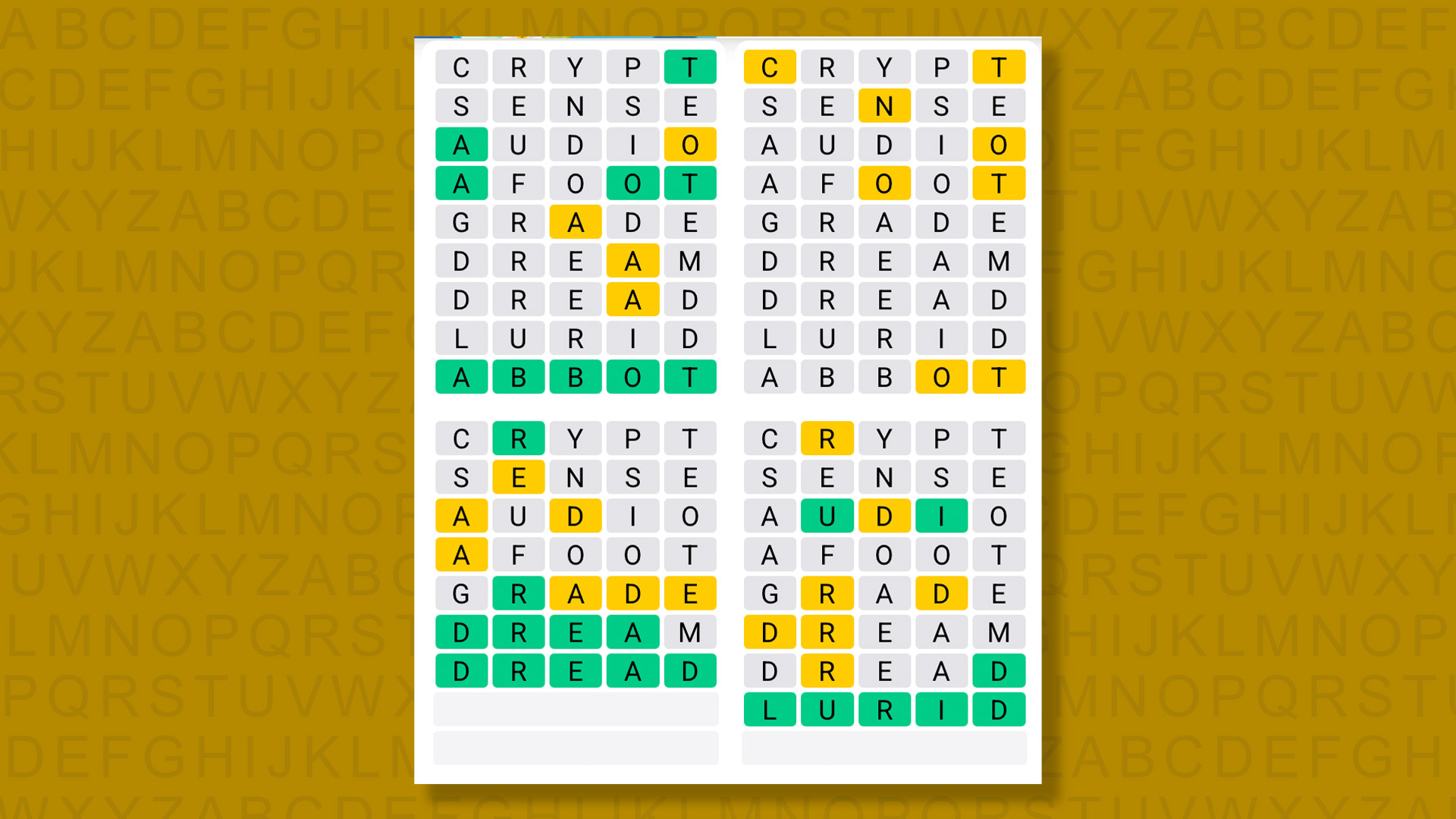 Quordle answers to game 1609 on a yellow background