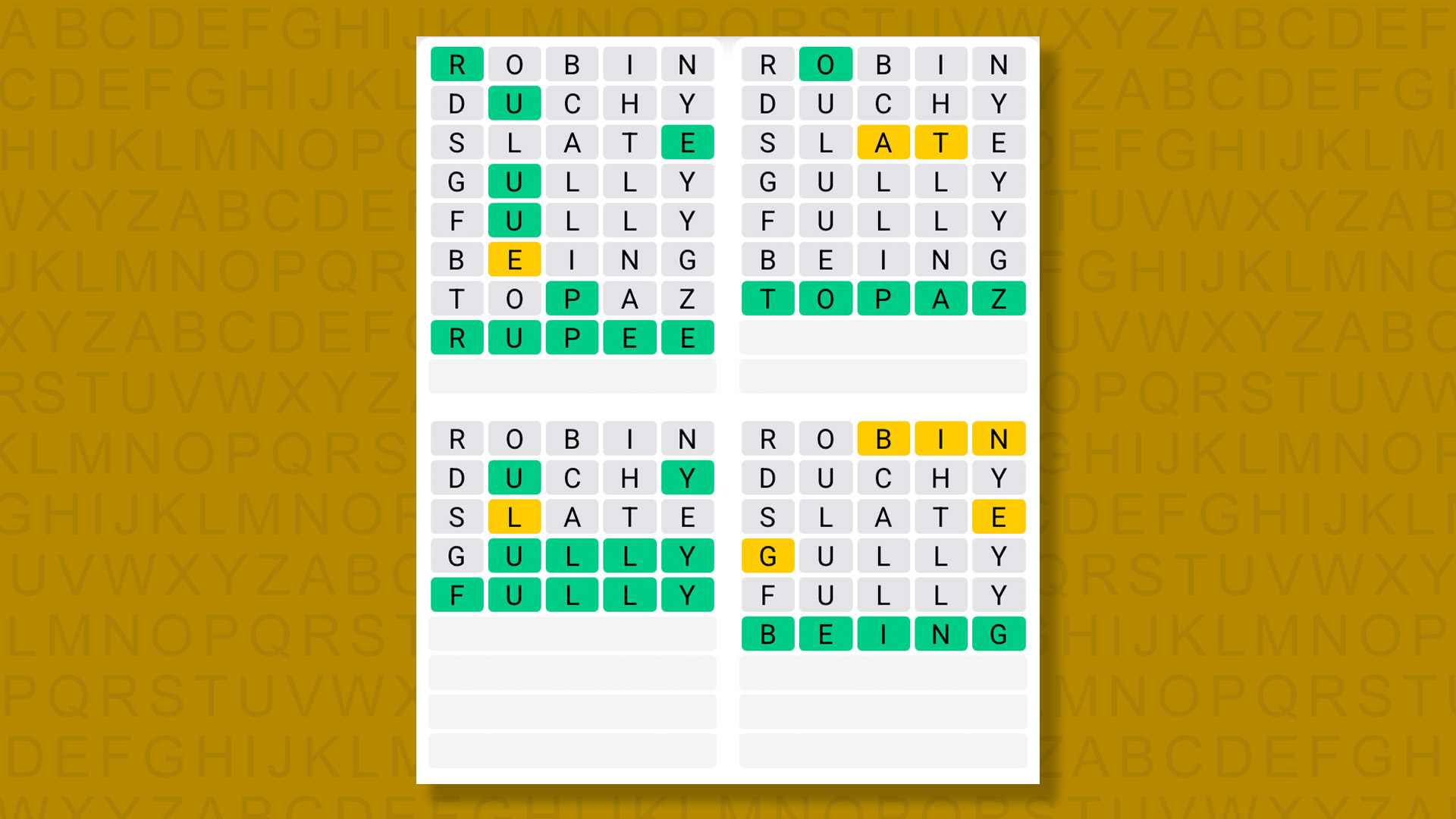 Quordle answers for game 1616 on yellow background