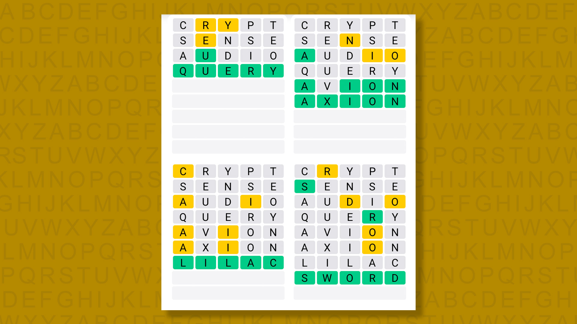 Quordle answers for game 1595 on yellow background