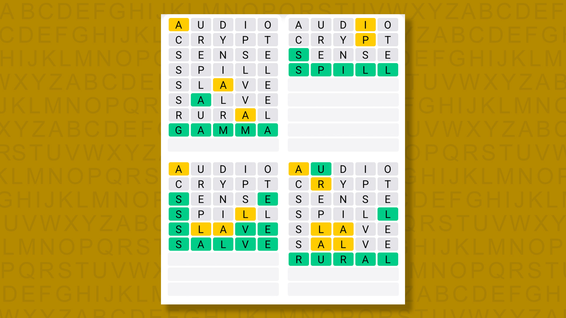 Quordle answers for game 1599 on yellow background