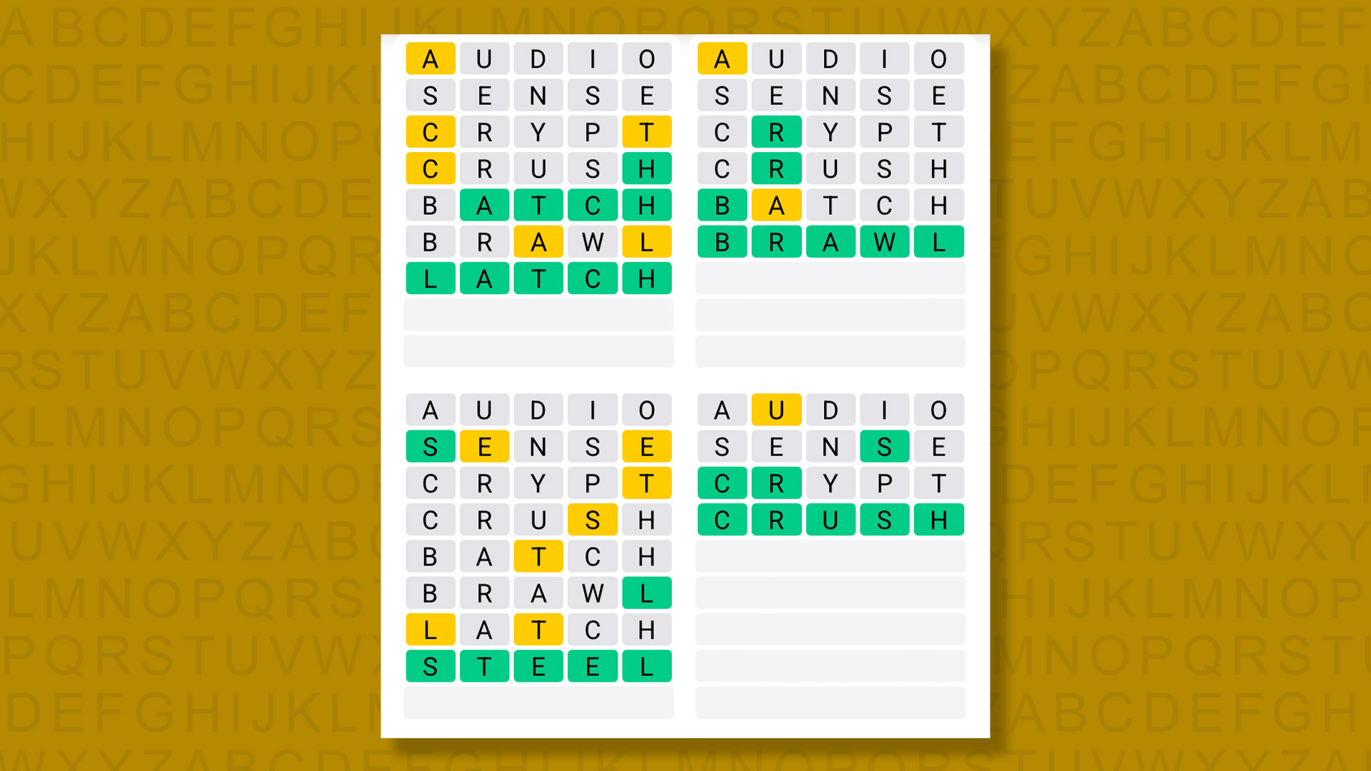Quordle answers for game 1606 on yellow background