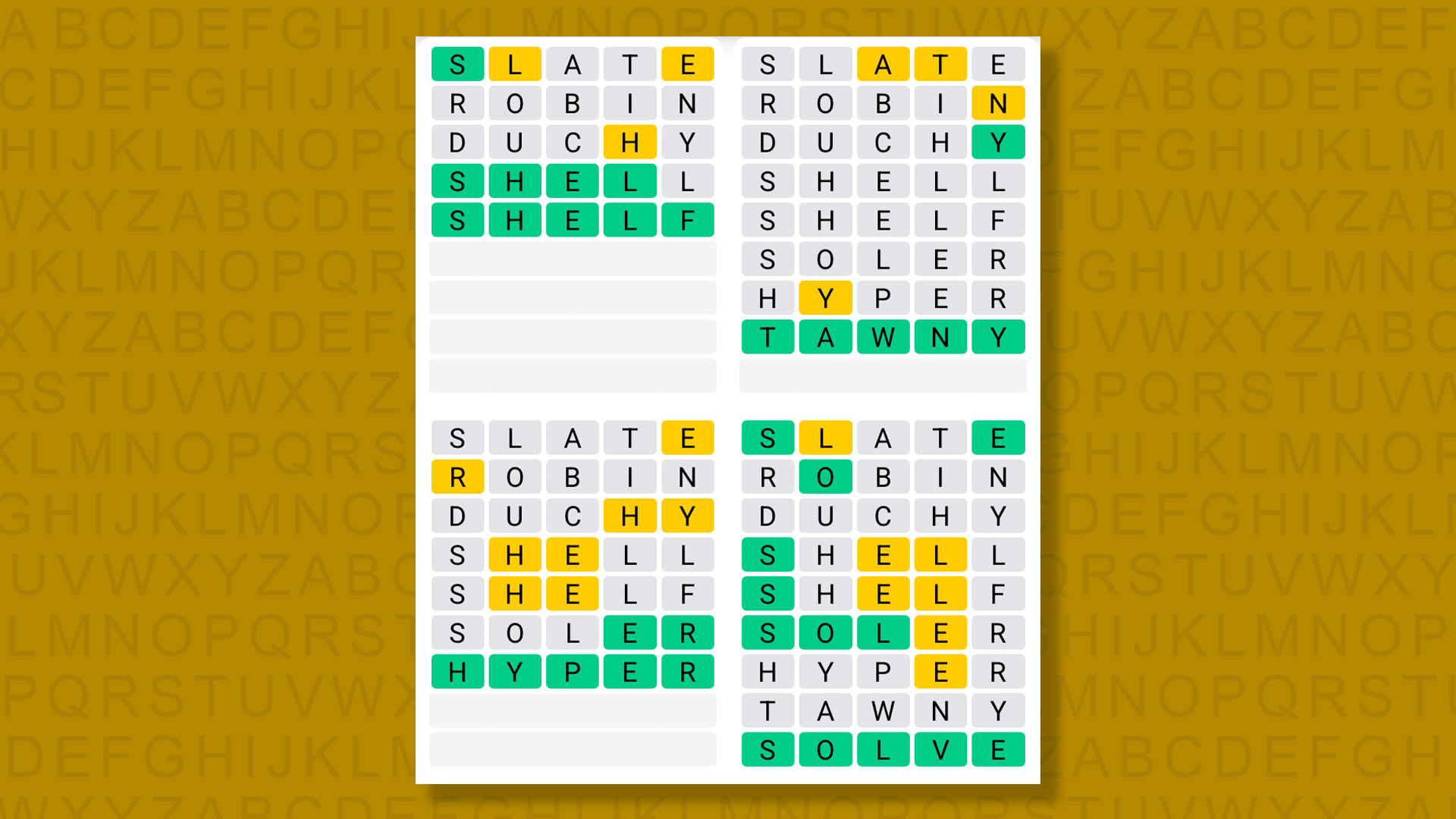 Quordle answers for game 1613 on yellow background