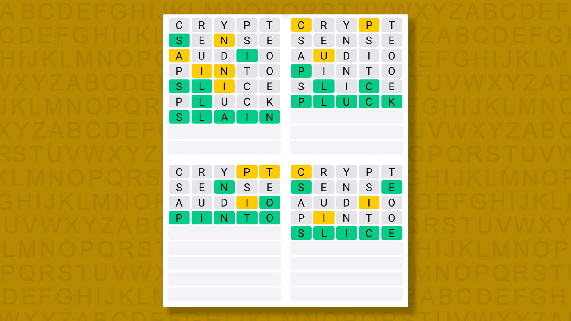 Quordle answers for game 1604 on yellow background
