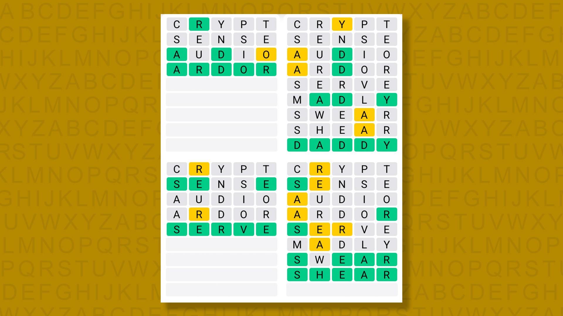 Quordle answers for game 1611 on yellow background