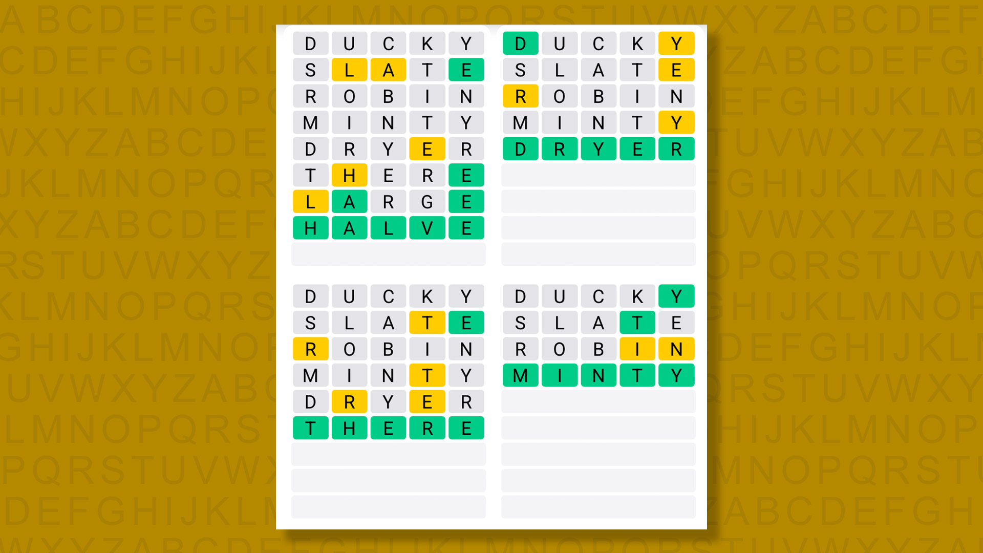 Quordle answer to game #1618 on yellow background