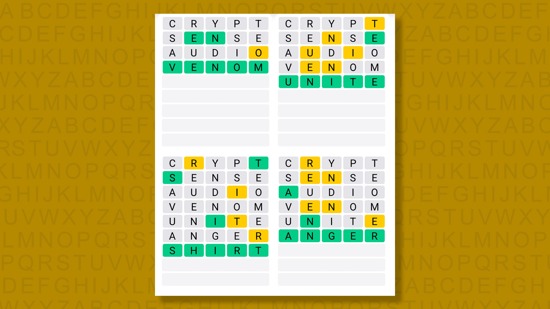 Quordle answers for game 1597 on yellow background