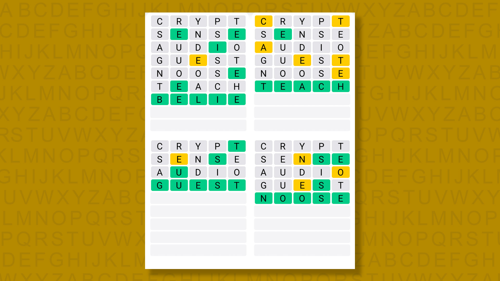 Quordle answers for game 1598 on yellow background