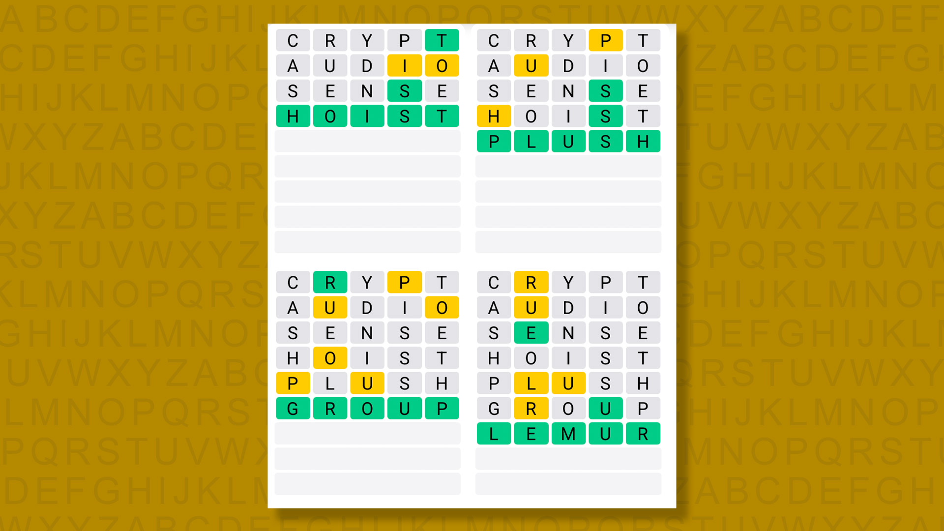 Quordle answers for game 1605 on yellow background