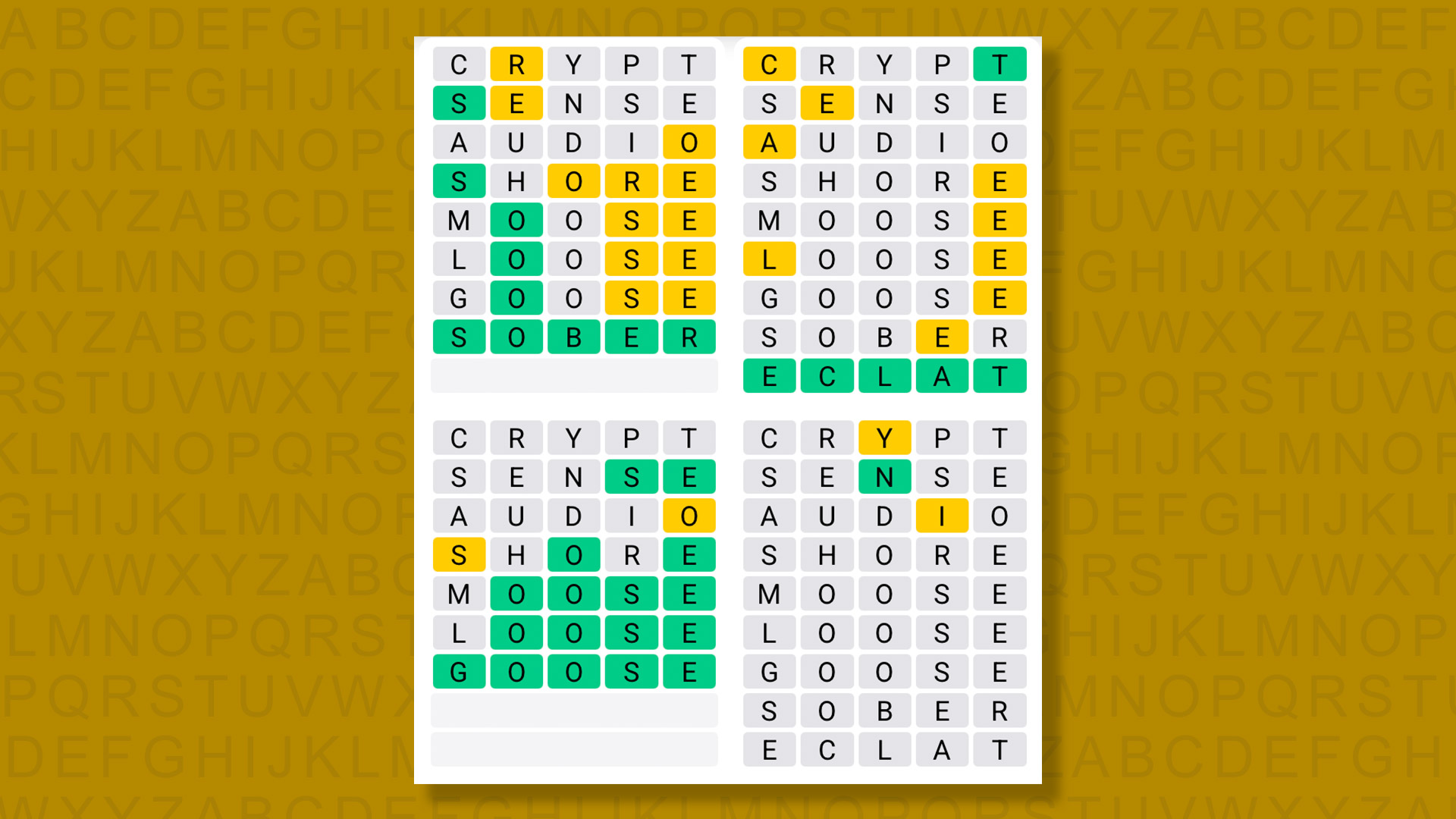 Quordle answers for game 1612 on yellow background