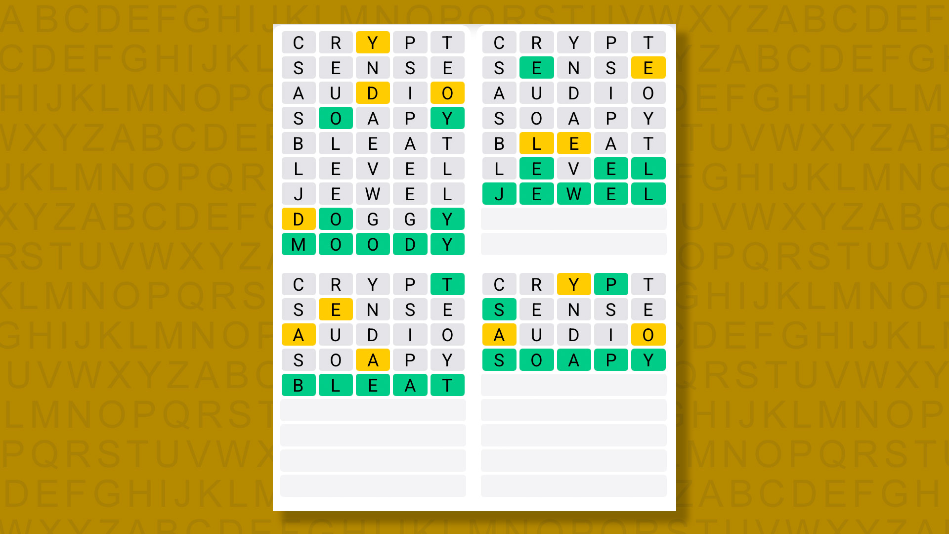 Quordle answers for game 1591 on yellow background