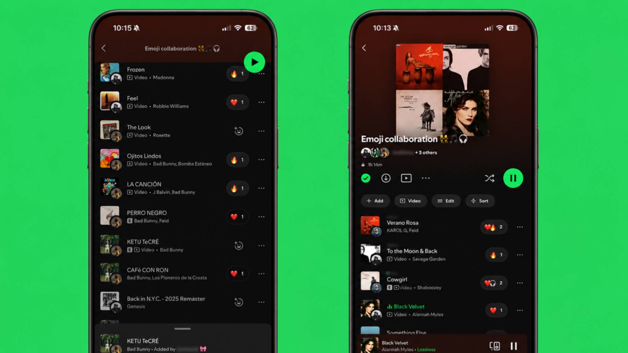 Smartphones showing track reactions in Spotify's collaborative playlists