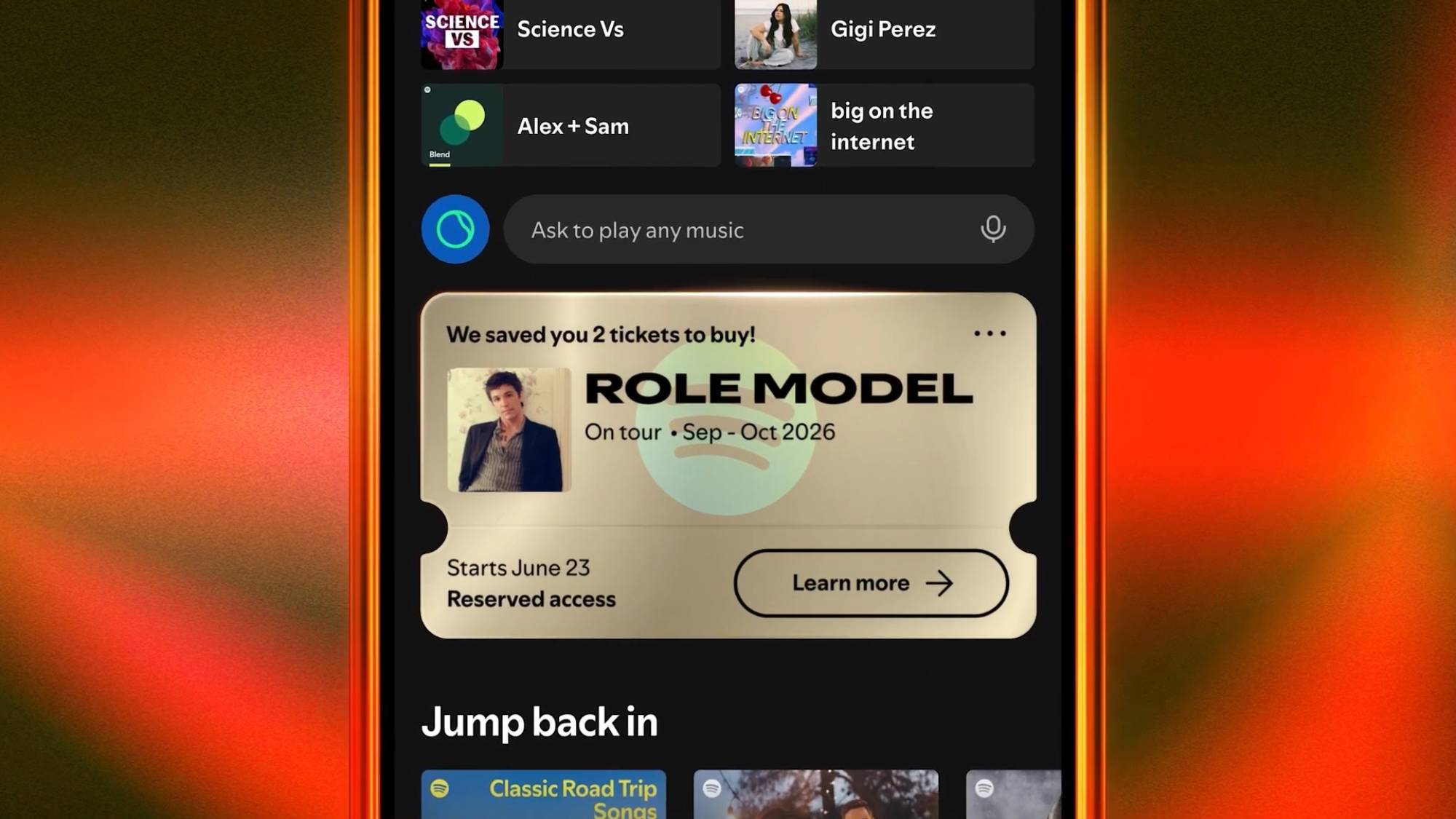 A smartphone with Spotify's reserved tool that displays tickets for ROLE MODEL