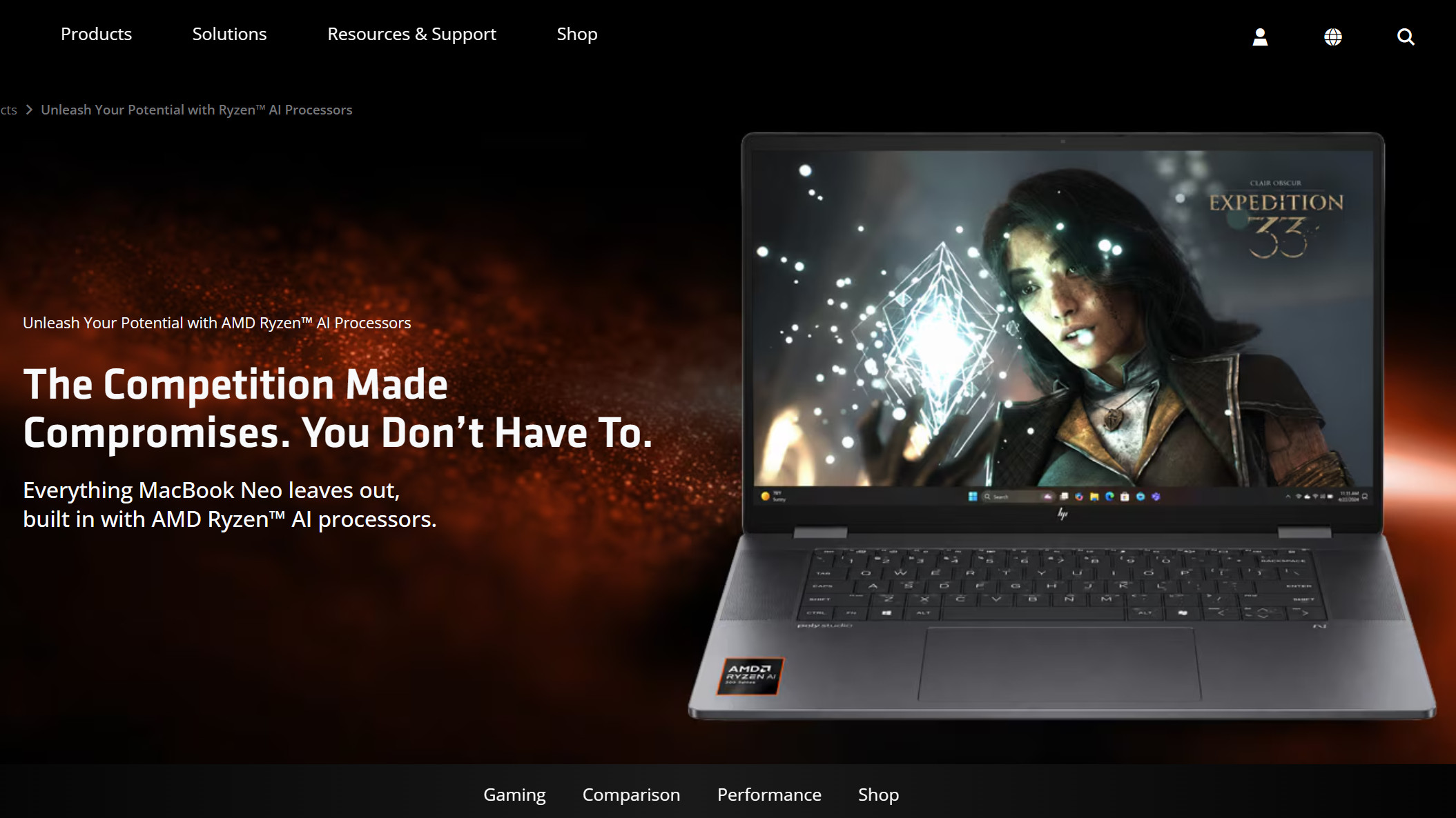 AMD Ryzen versus MacBook Neo site highlighting gaming comparisons