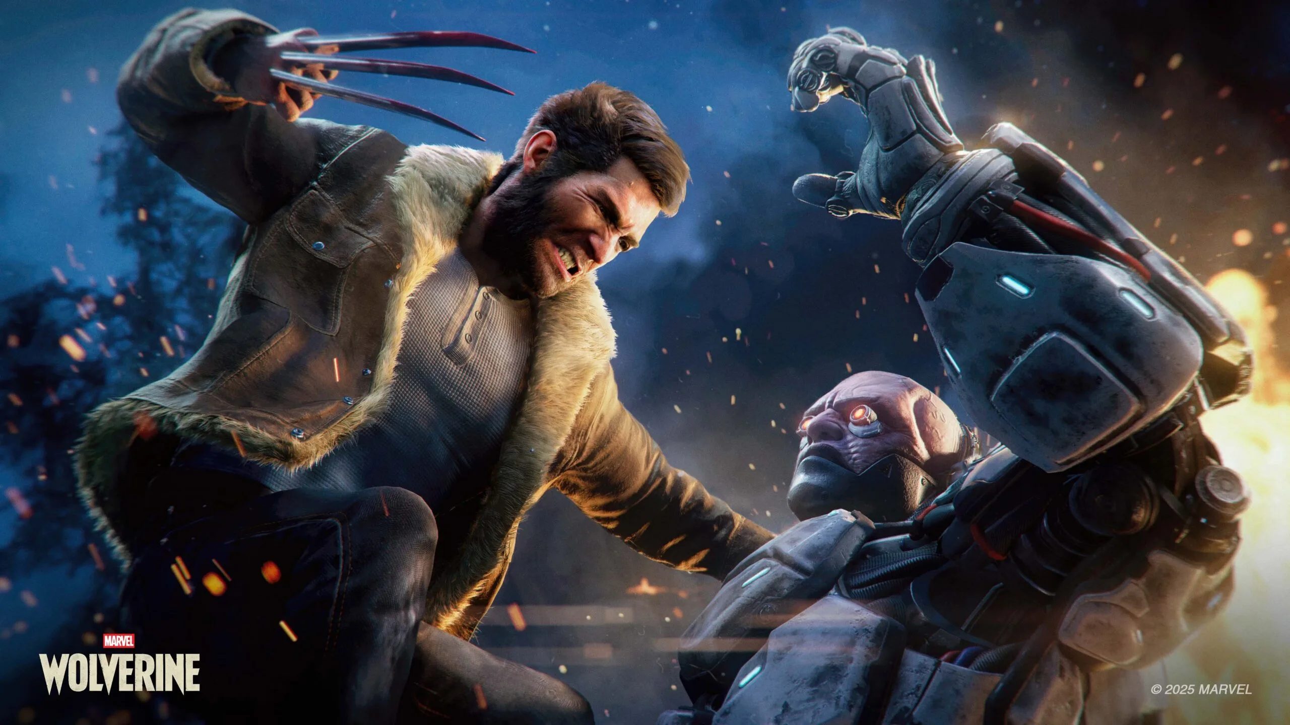 Wolverine battles a cyborg enemy while sparks fly in the background