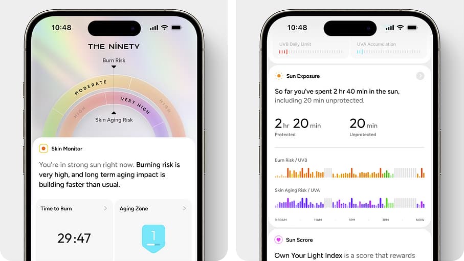The90 Gem app on two iPhones.