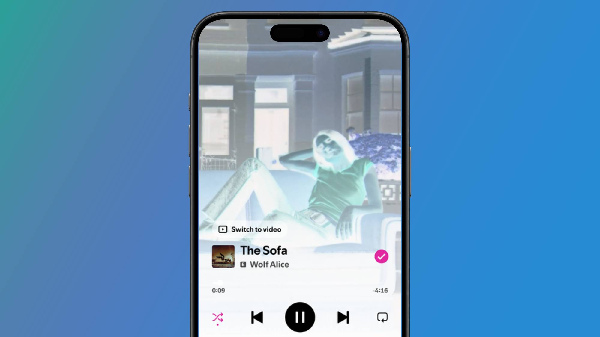 A smartphone with Spotify in reverse colors