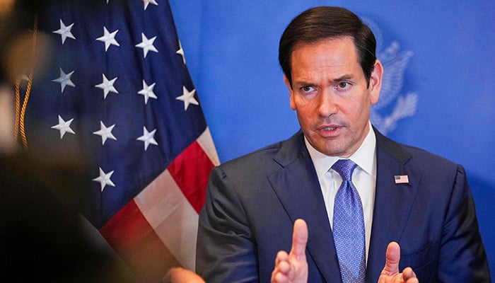 US Secretary of State Marco Rubio speaks to members of the media before departing from Bahrain International Airport following his visit to the Middle East to discuss the US-Iran Interim Agreement with the Gulf Arab ally in Manama on June 25, 2026. — AFP