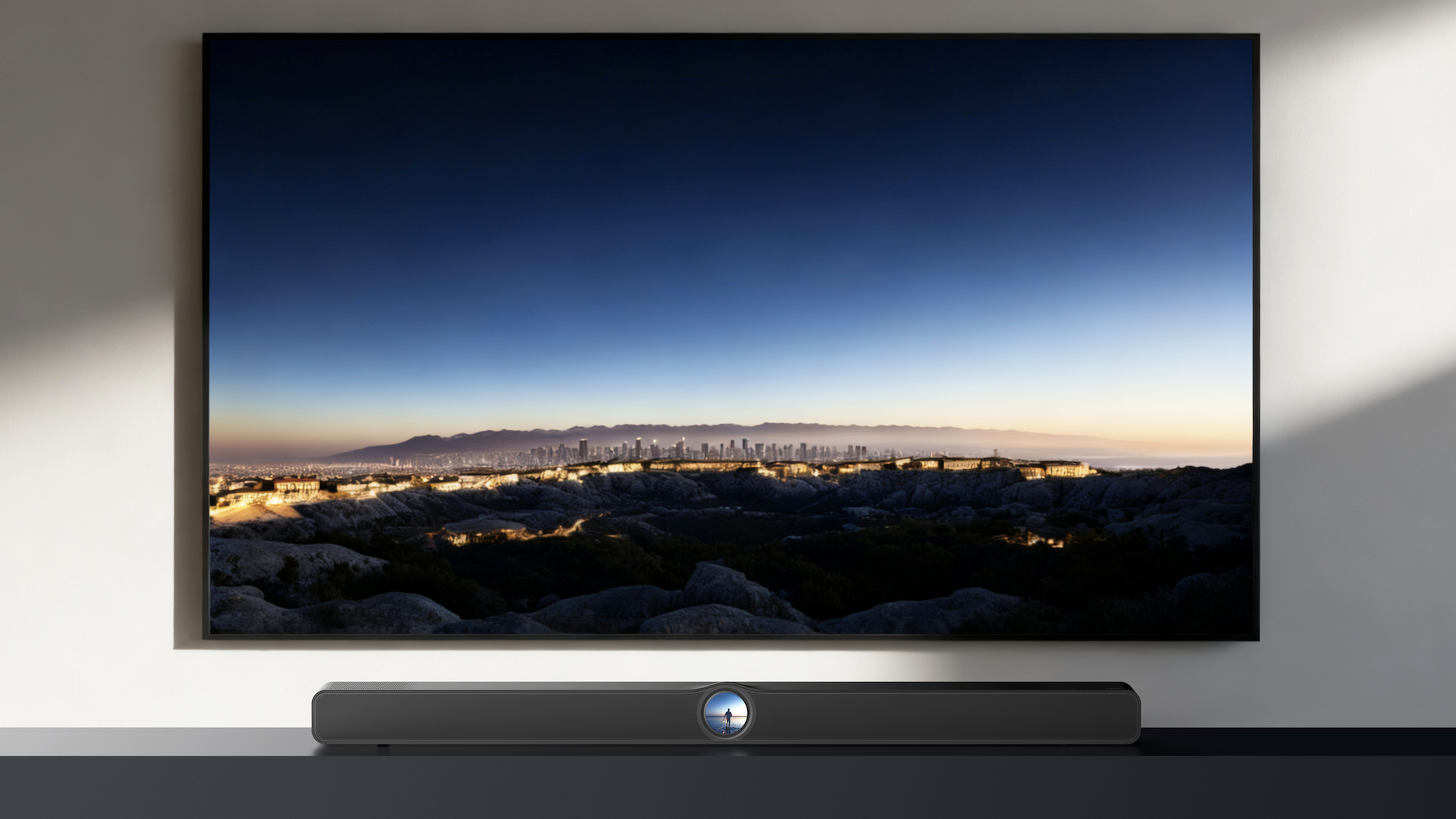 WiiM Bar in action under a wall-mounted TV. The TV shows a scenic picture with a dark blue sky