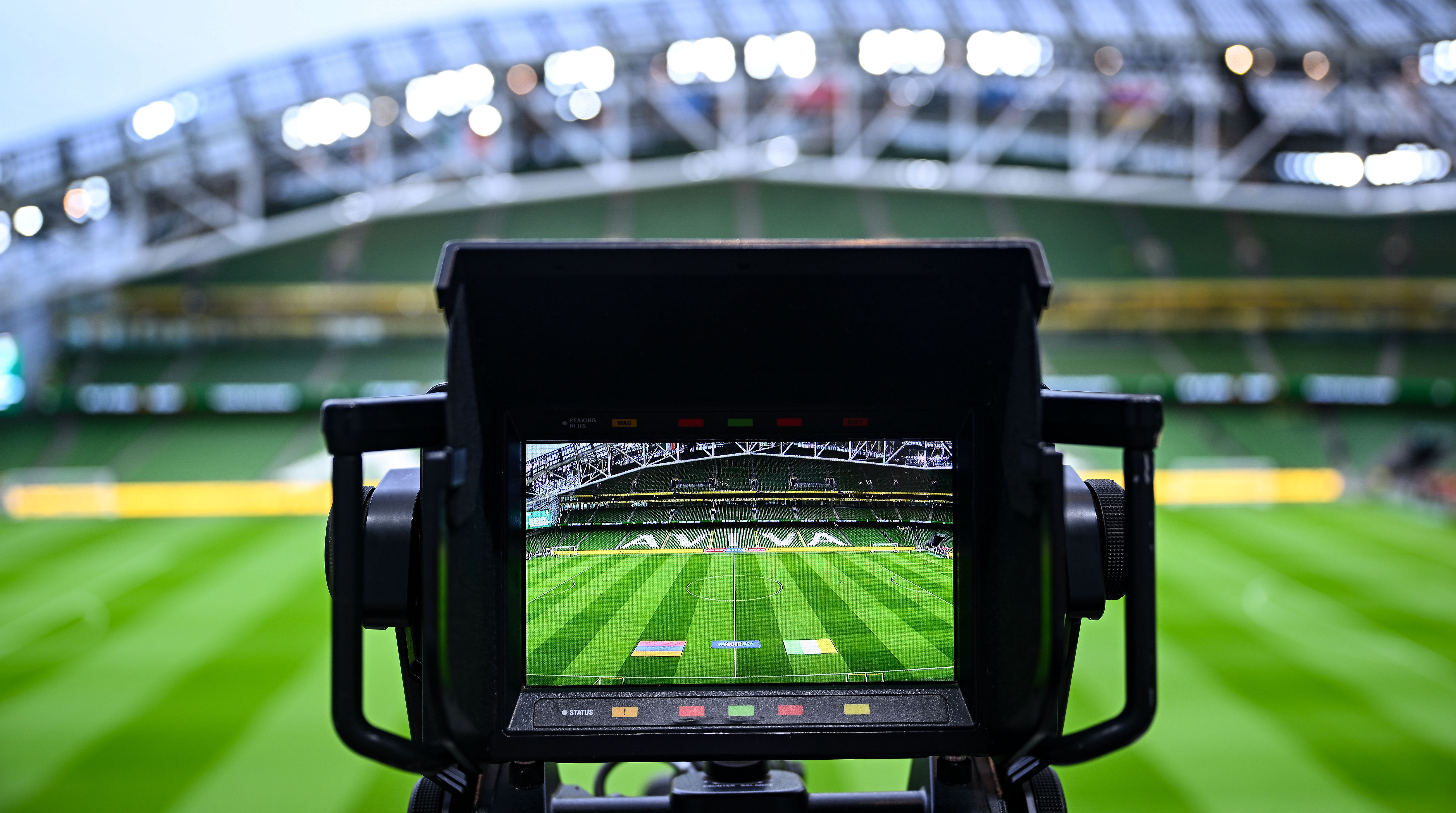 Broadcast equipment is seen before the FIFA World Cup 2026 Group F qualifier between Ireland and Armenia at the Aviva Stadium in Dublin. (Photo by Piaras &Oacute; M&iacute;dheach/Sportsfile via Getty Images)