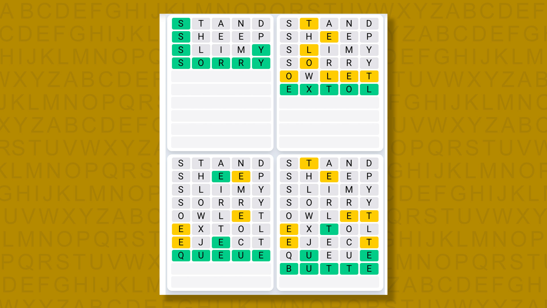 Quordle Daily Sequence answer for game #1619 on a yellow background