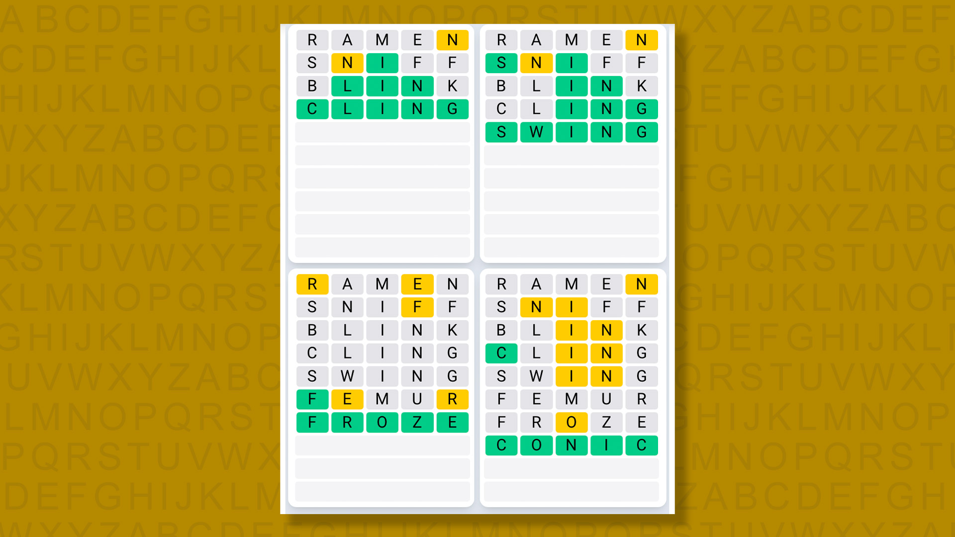 Quordle Daily Sequence answer for game #1620 on a yellow background