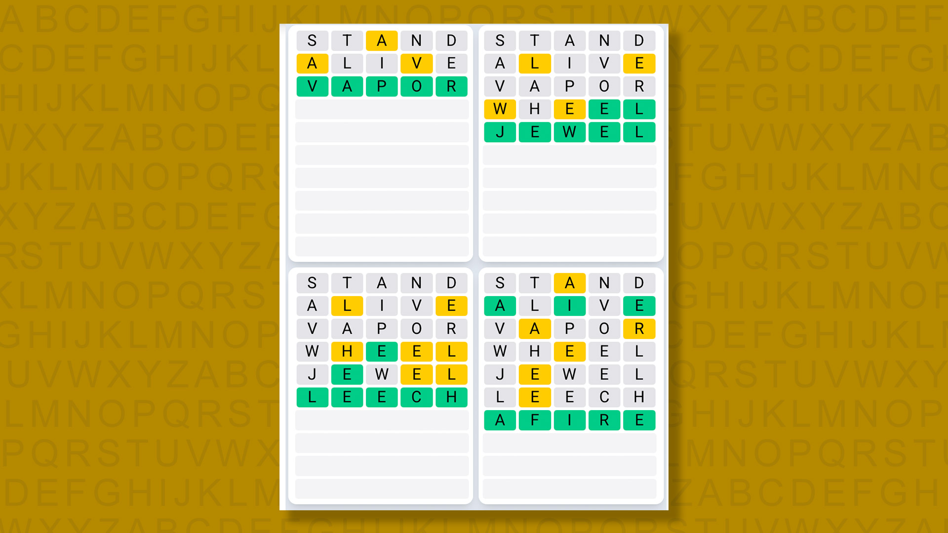 Quordle Daily Sequence answers for game 1621 on a yellow background