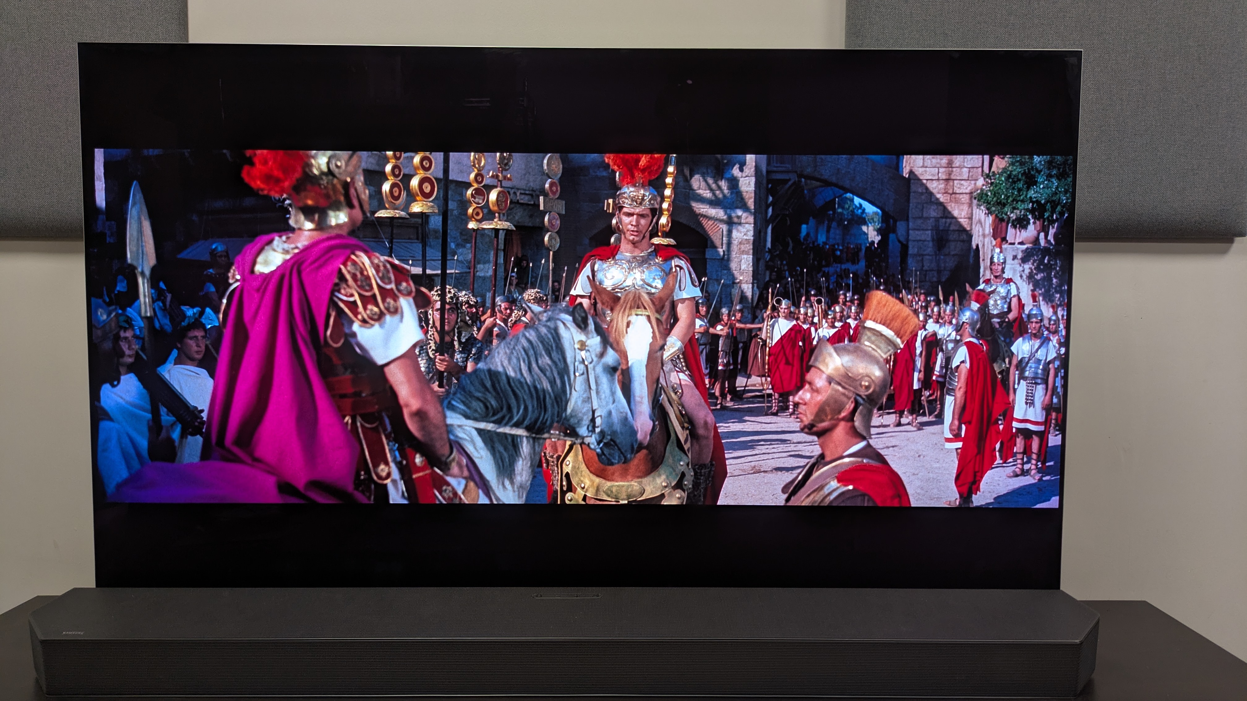 LG G5 OLED with Ben-Hur 4K Blu-ray on screen showing Roman soldiers in conversation