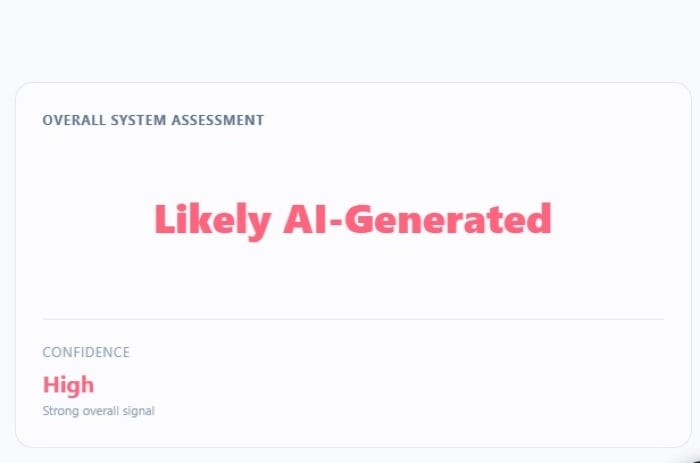 Screenshot from the University at Buffalo's DeepFake O Meter, which rates the video as Probable AI generated with high confidence.