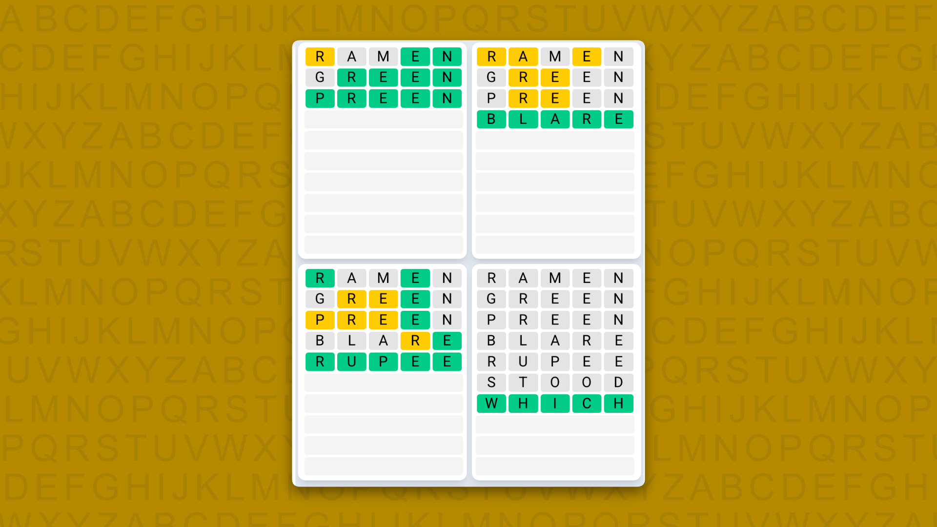 Quordle Daily Sequence answers for game 1626 on a yellow background