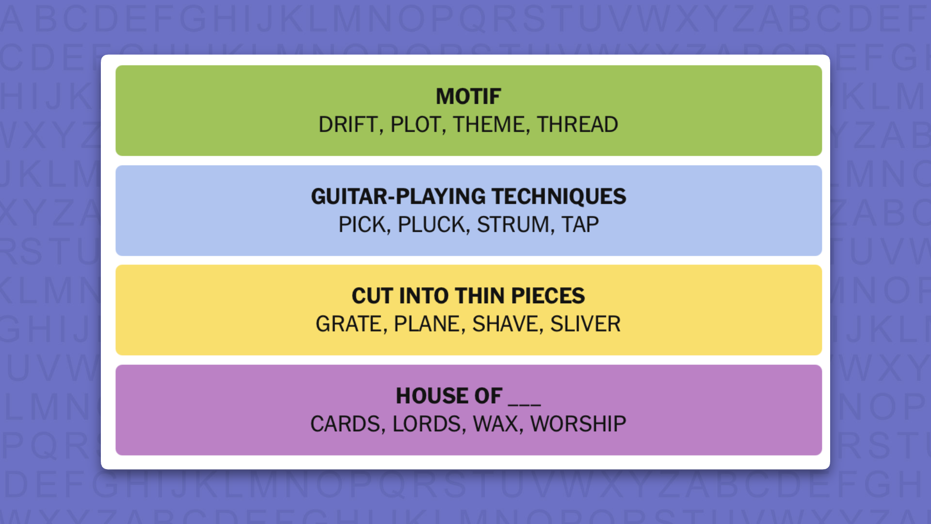 NYT Connections answers for game 1123 on a purple background