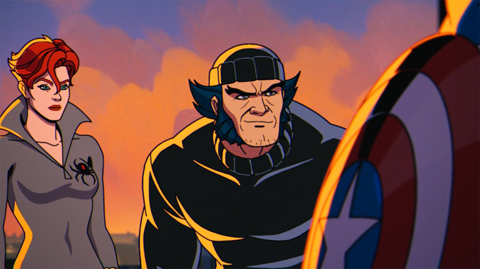 Black Widow and Wolverine look at a Captain America off camera in X-Men 97 Season 2 Episode 4