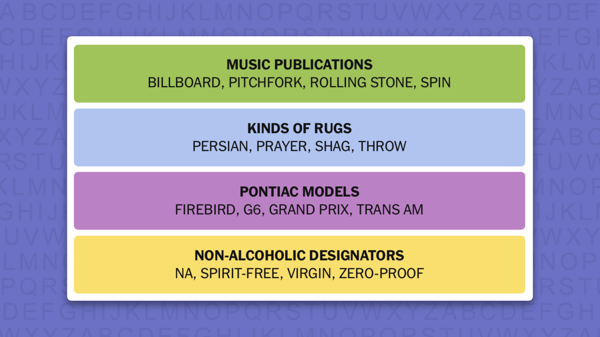 NYT Connections answers for game 1124 on a purple background