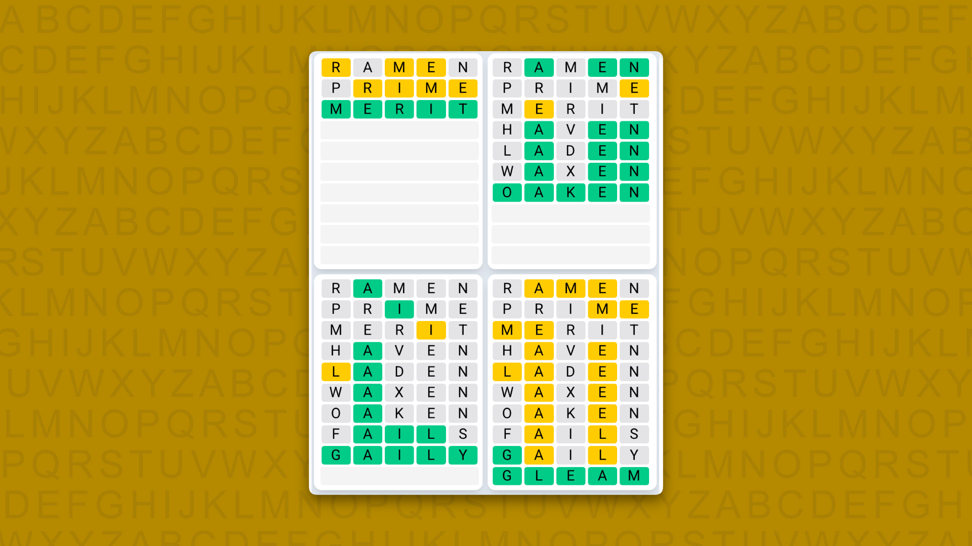 Quordle Daily Sequence answers for game 1629 on a yellow background
