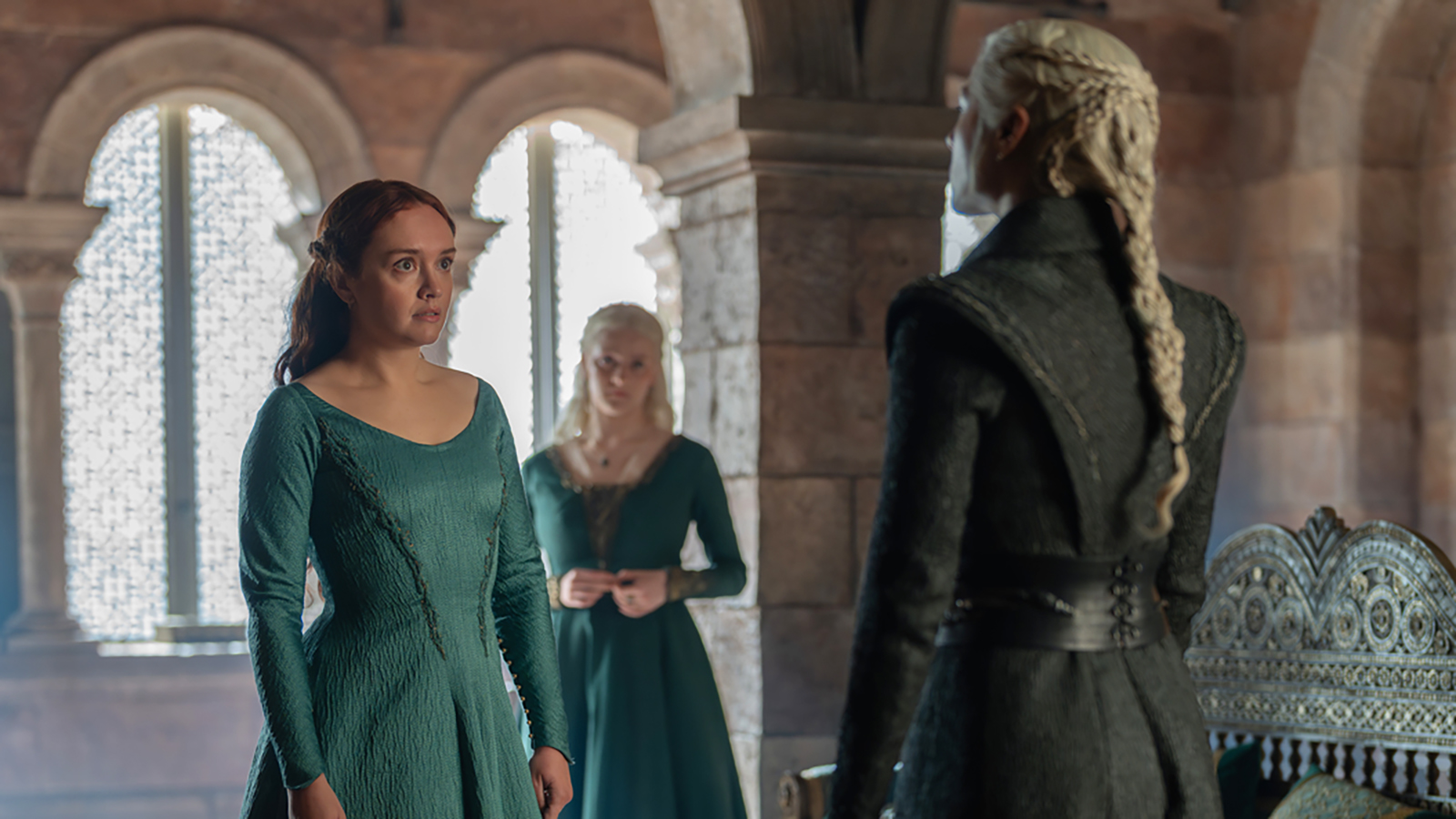 Alicent watches Rhaenyra while Halaena looks on in House of the Dragon Season 3 Episode 3