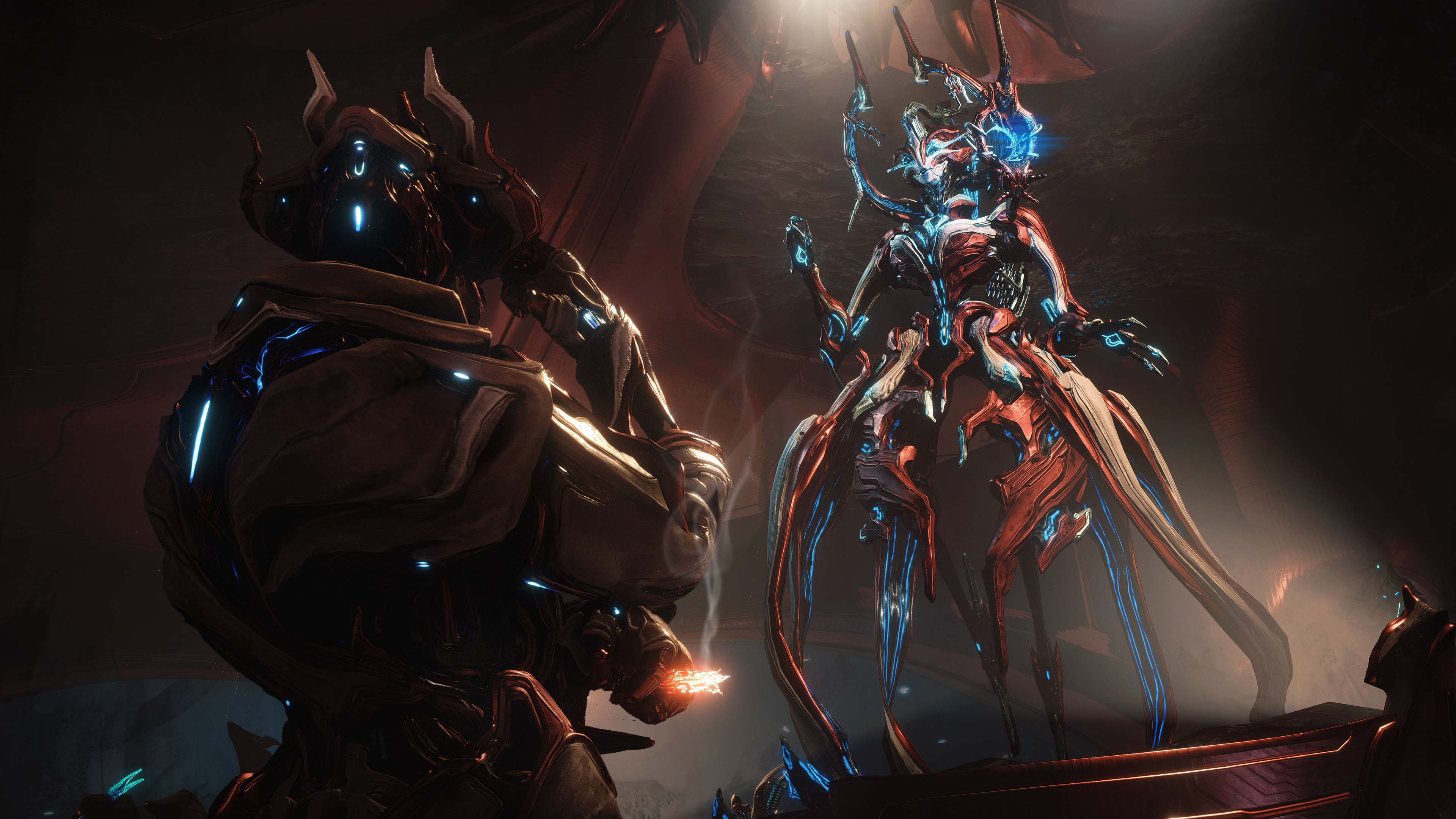 Screenshot of Warframe's Tau update showing Brysko meeting the Sentient Singer in Hunra's Nest.